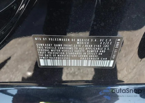 2022 Volkswagen Jetta Gli 2.0T Autobahn из США, поврежденный, VIN 3VW2T7BUXNM006592